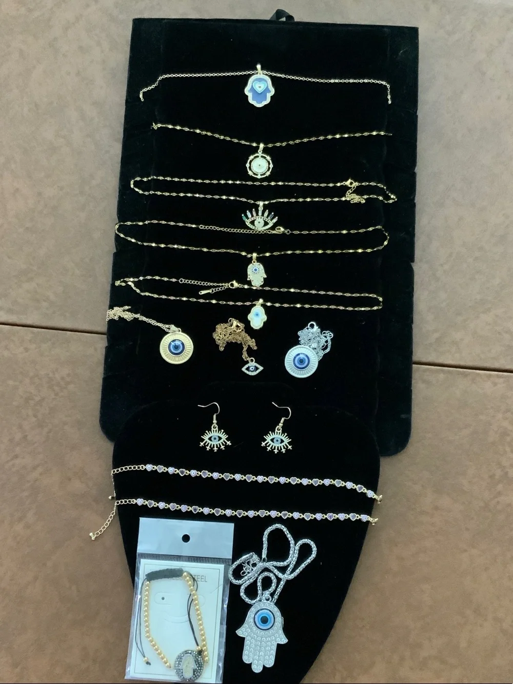 Gold Hamsa & Evil Eye Necklace Set with Blue Accents